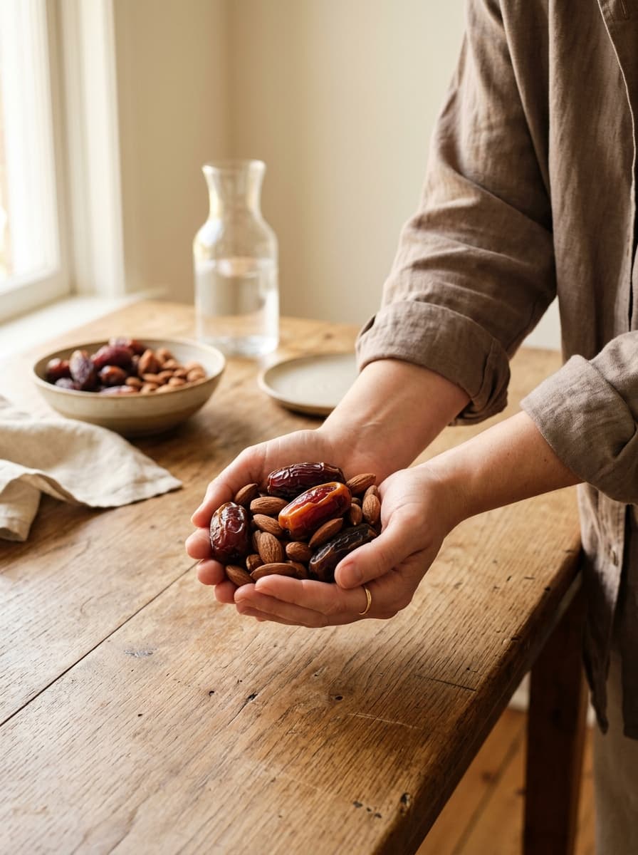 Hands holding premium dates and almonds